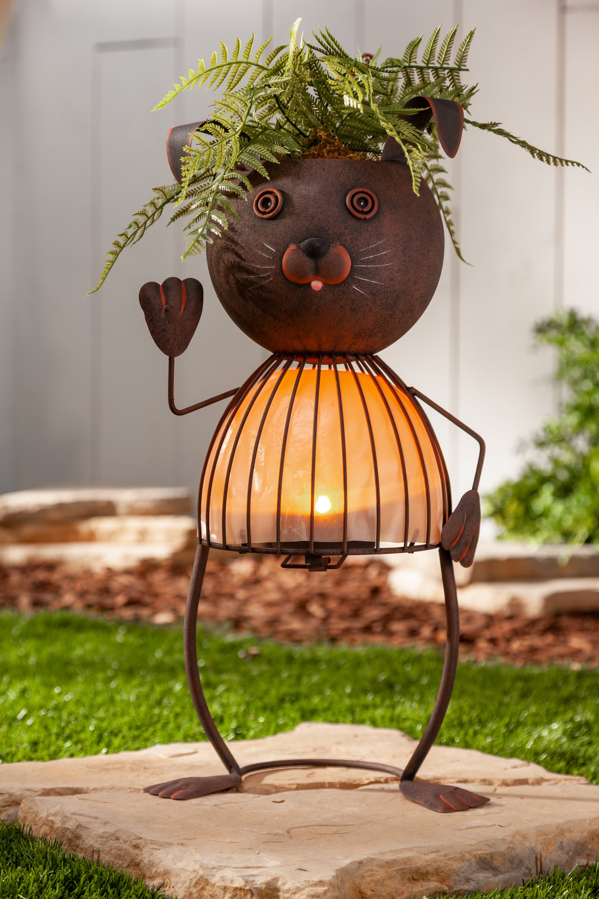 20.87 Inch Whimsical Orange Solar Lighted Metal Rabbit Planter Head